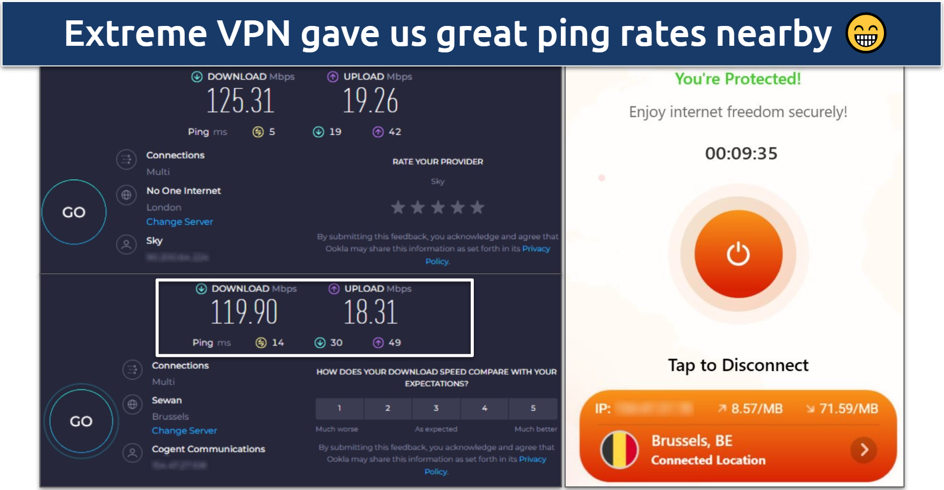Screenshot of Ookla speed tests done with no VPN and while connected to ExtremeVPN