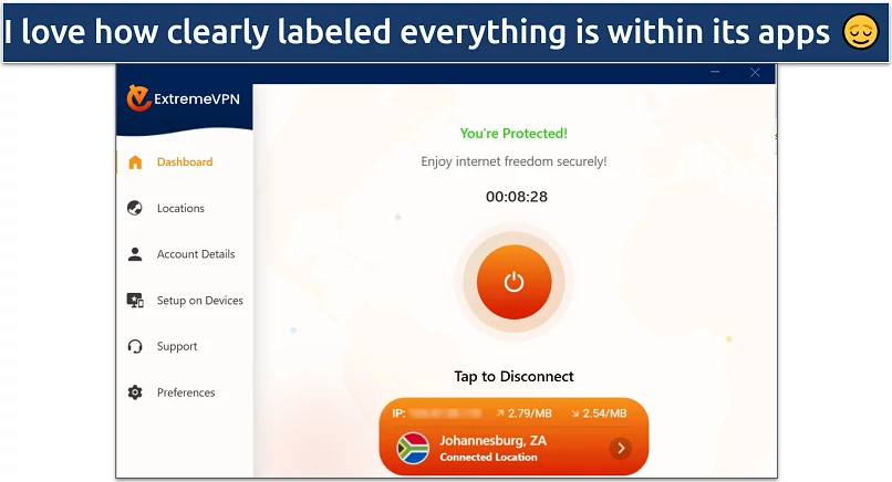 A screenshot of ExtremeVPN's clutter-free user interface