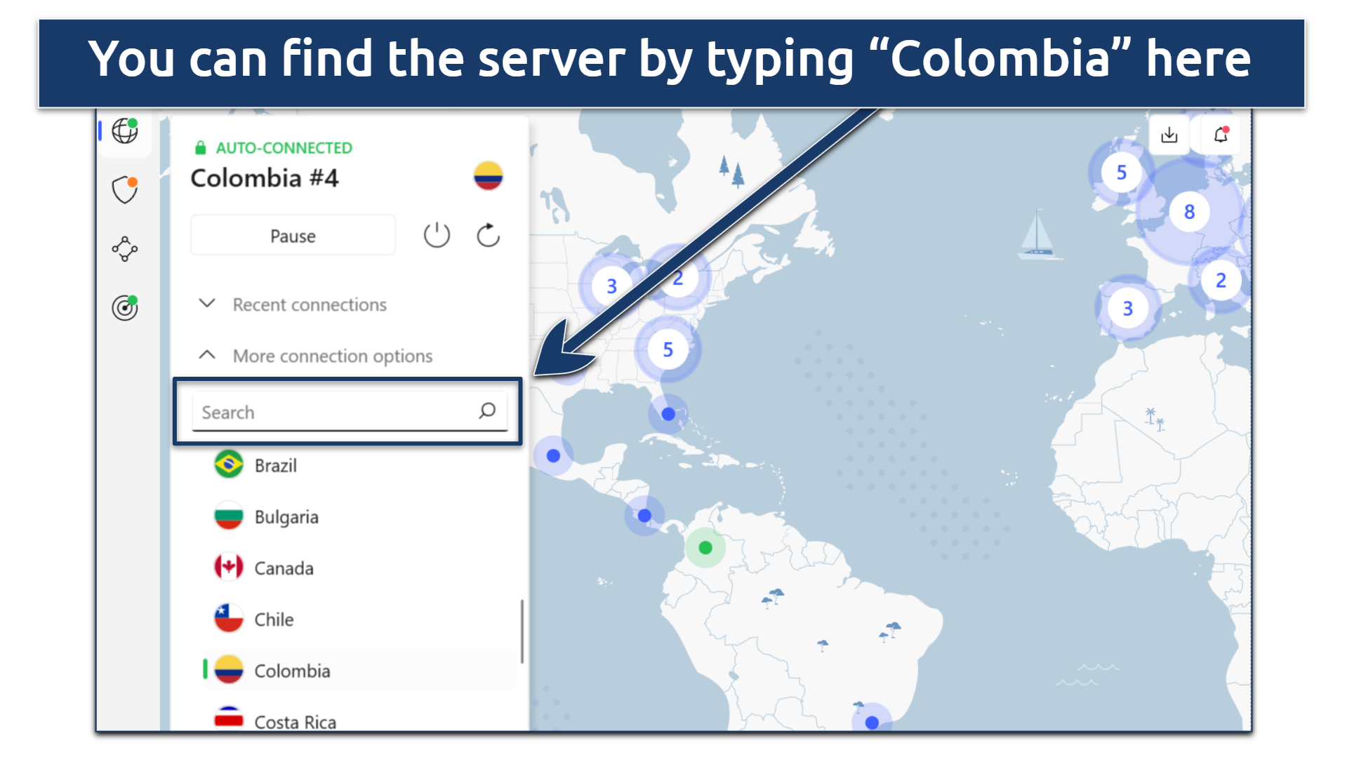 A screenshot showing how to find NordVPN's Colombian server