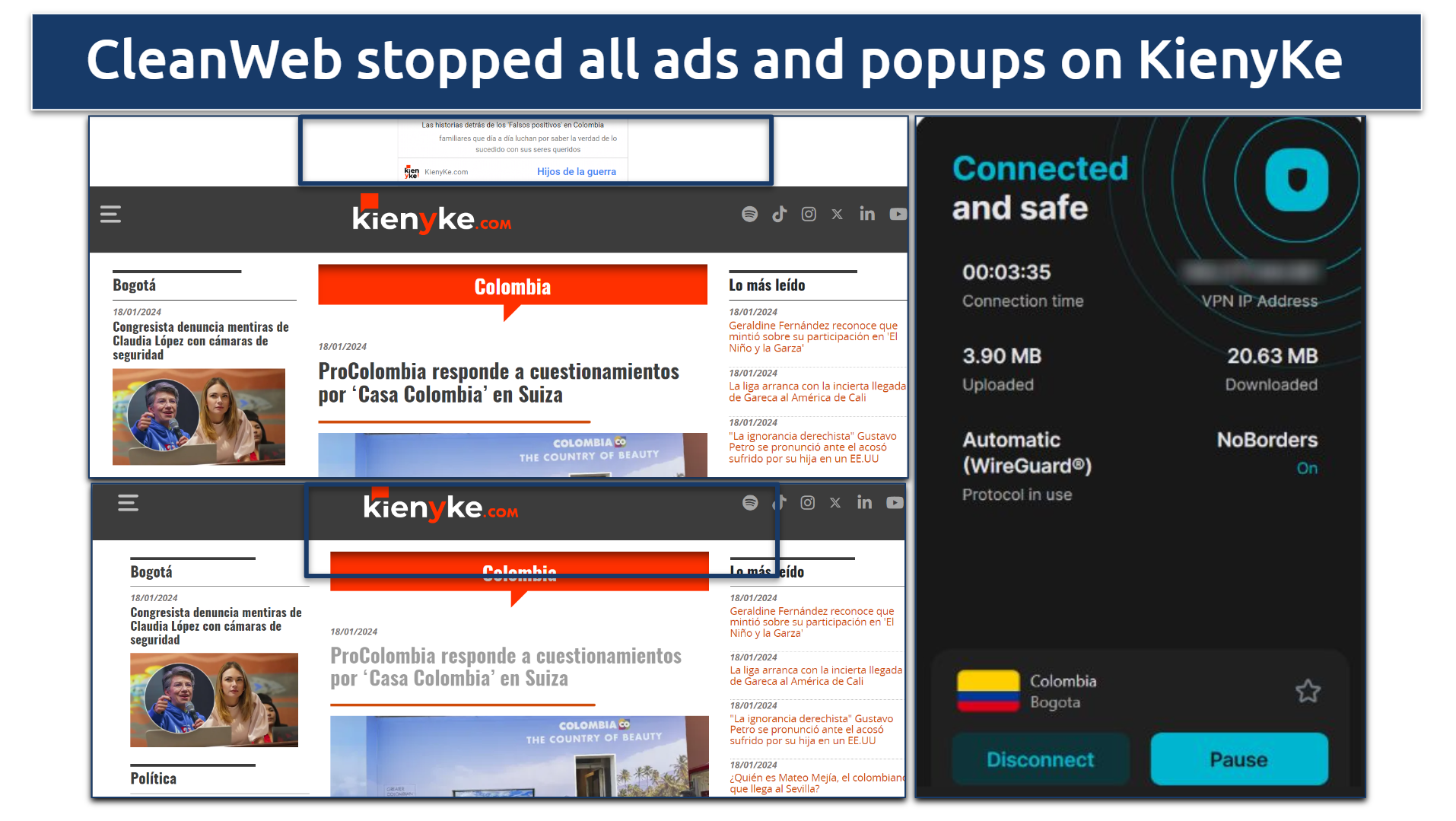 A snapshot showing Surfshark's CleanWeb stopping ads on KienyKe