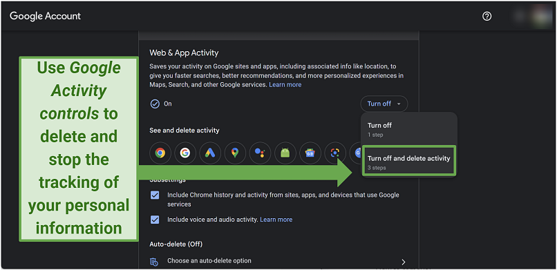 Image of the Google Activity tab's activity tracking settings