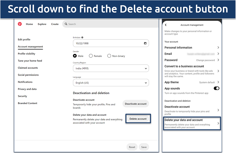 A screenshot of Pinterest’s Account Management page