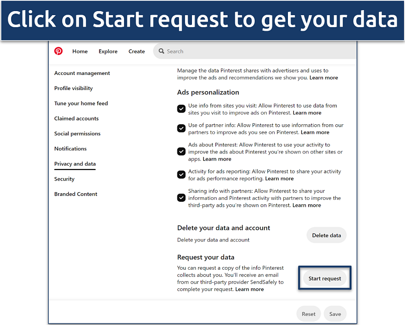 A screenshot of Pinterest’s Privacy and data page