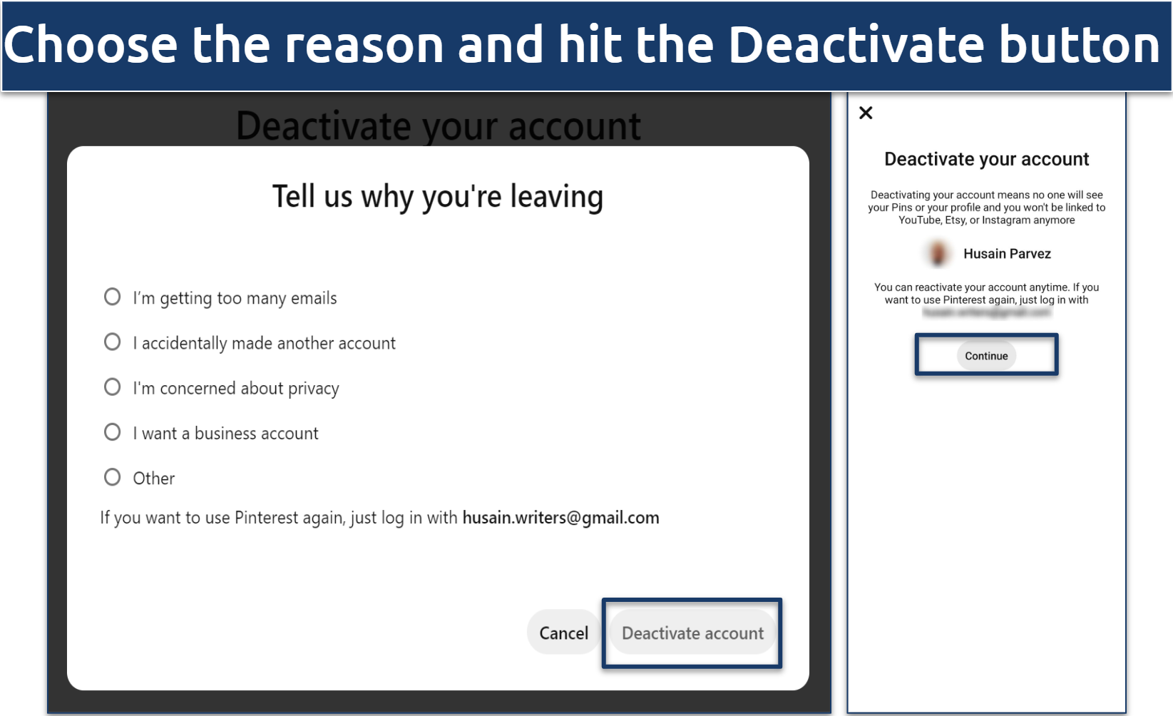 A screenshot of Pinterest's account deactivation page