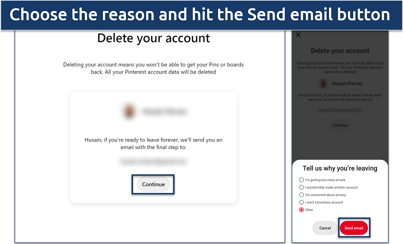 A screenshot of Pinterest’s account deletion page