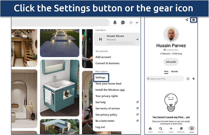 A screenshot of Pinterest’s settings option