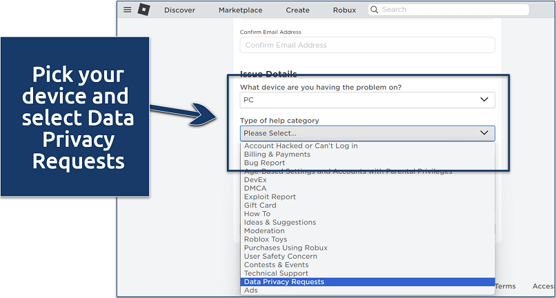 A screenshot of Roblox support request page