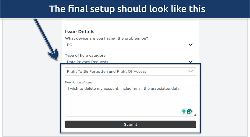 A screenshot of Roblox support request submit page