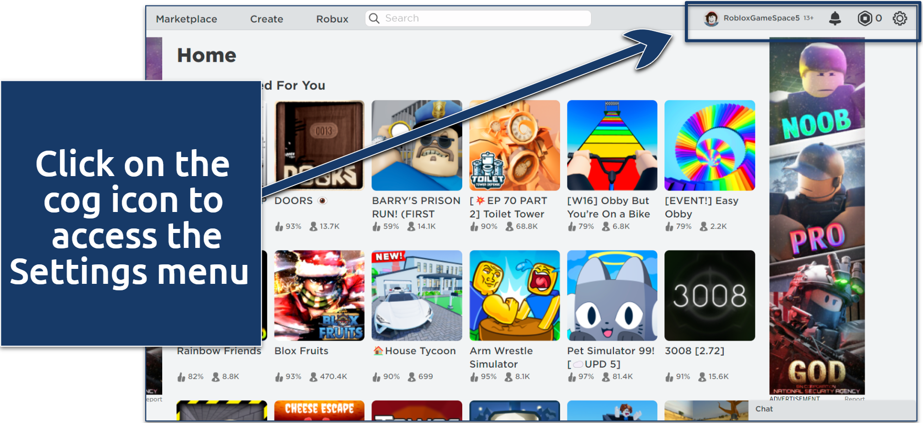 A screenshot of Roblox home page