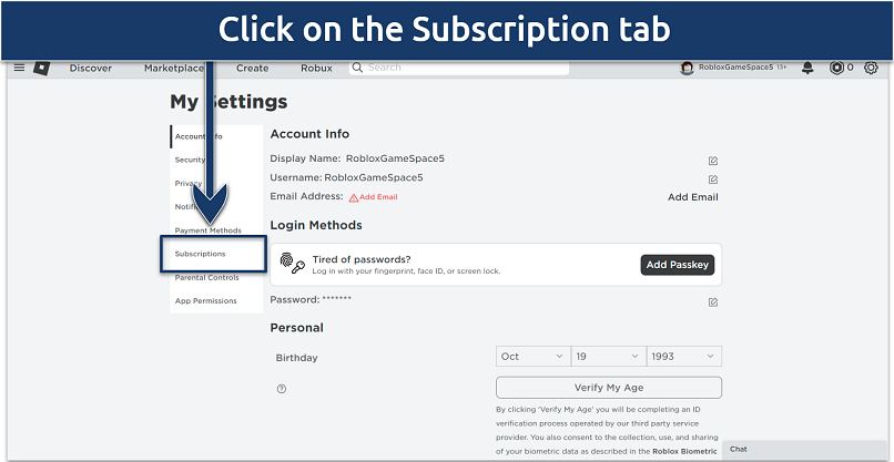A screenshot of Roblox account settings page