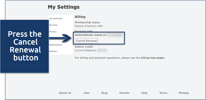 A screenshot of Roblox subscription settings page