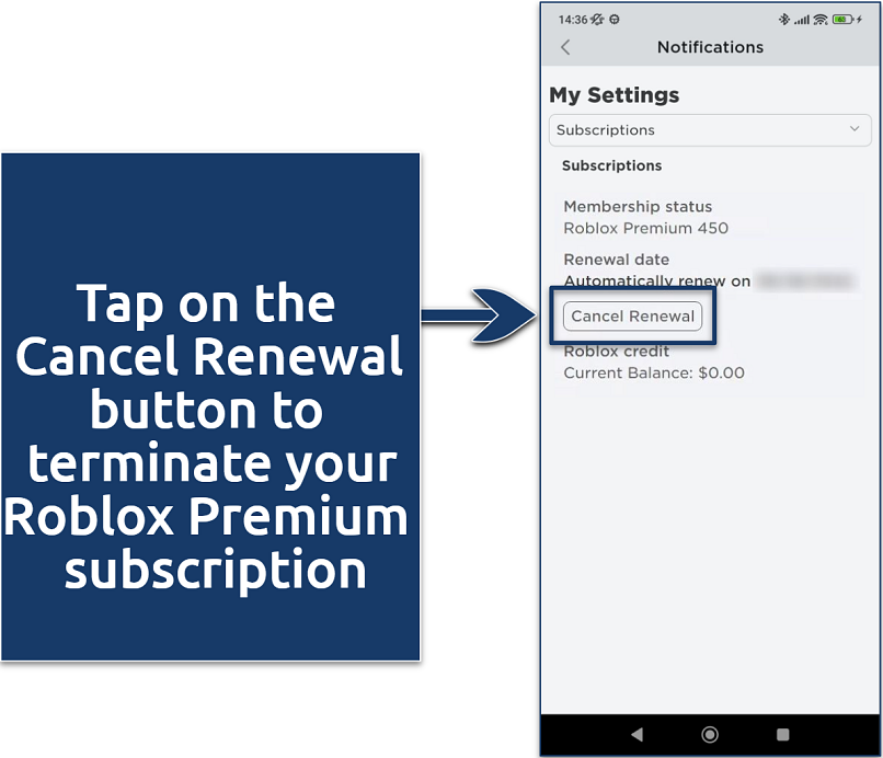 A picture showing how to cancel your Roblox premium subscription