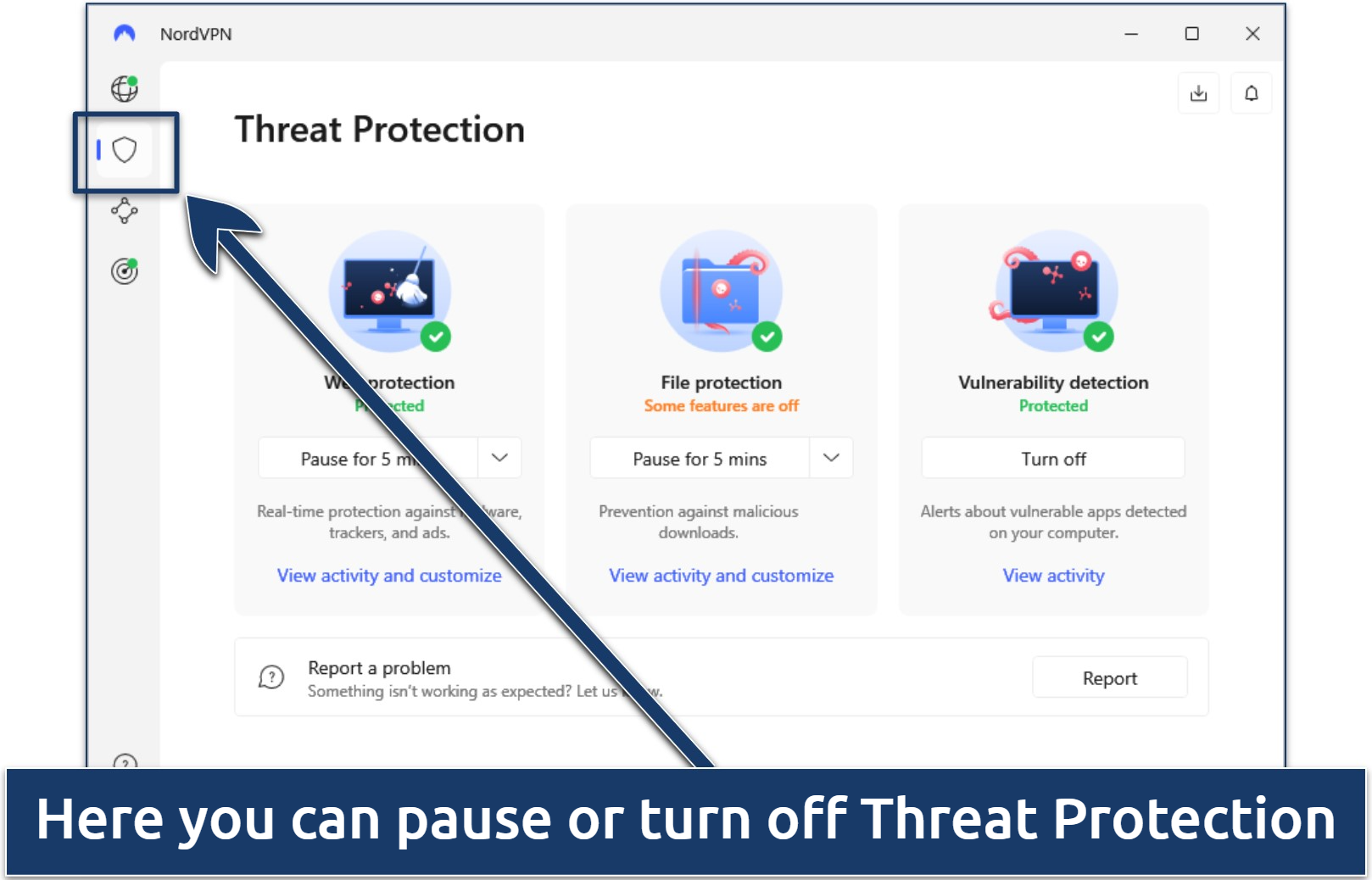 Screenshot of NordVPN Windows interface with instructions on how to turn off Threat Protection
