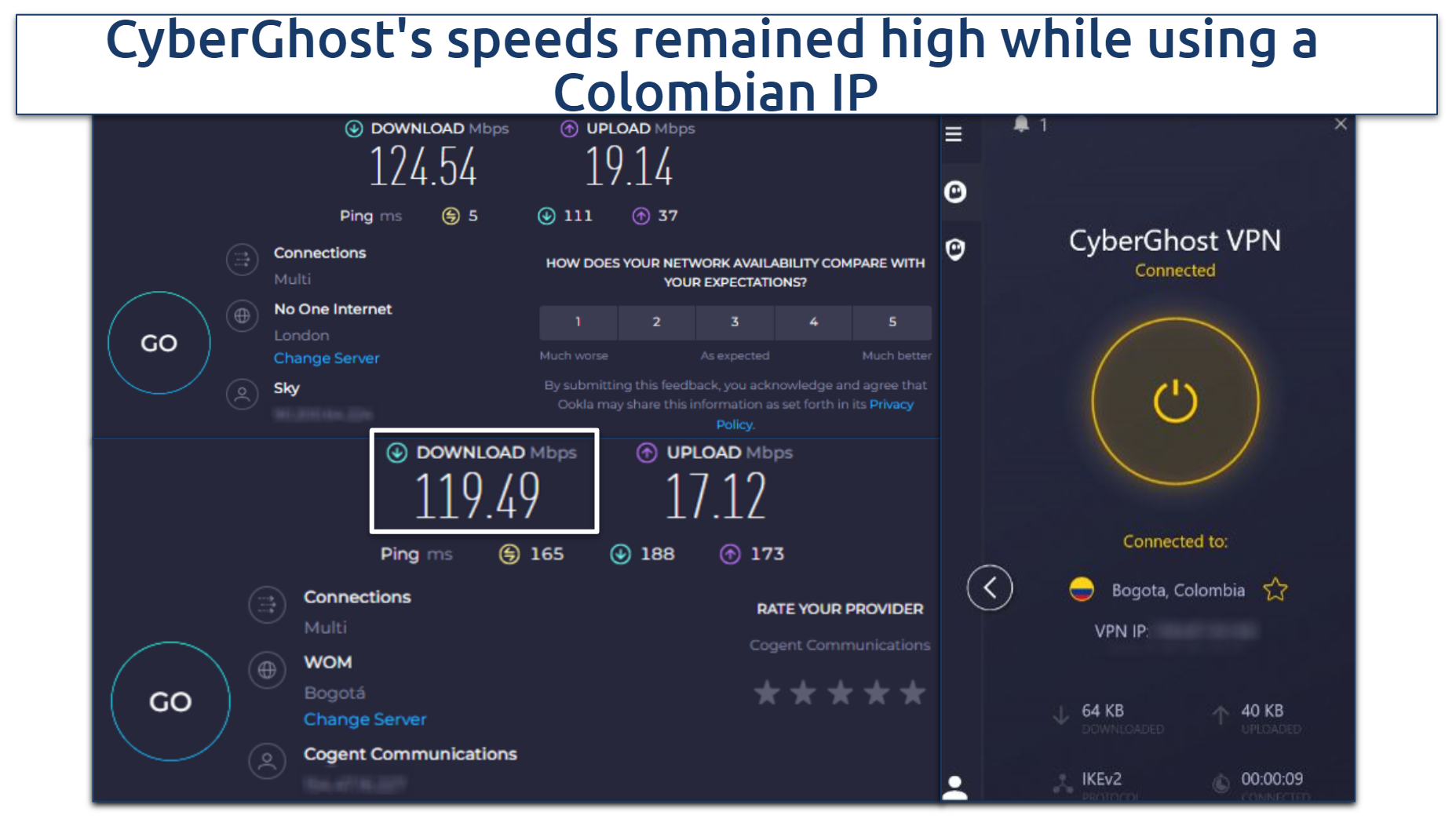 A screenshot showing the average speed difference while using CyberGhost's Colombian servers
