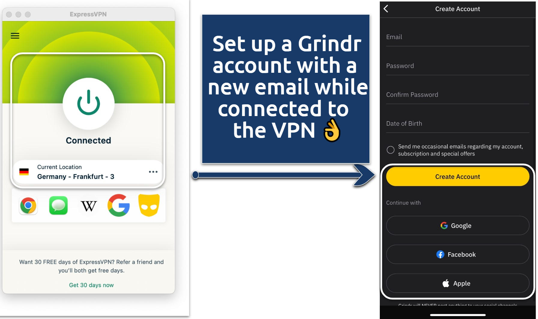 Screenshot of using a VPN while creating a new Grindr account on iPhone