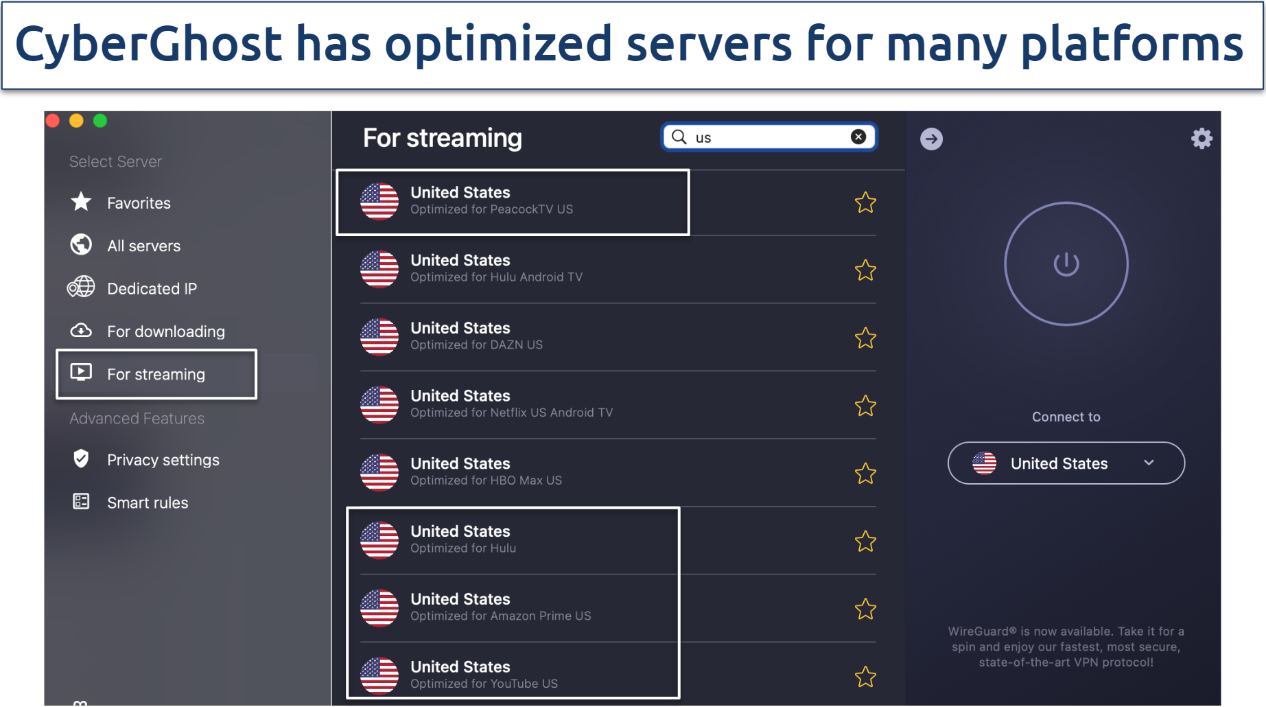 Screenshot of the CyberGhost's streaming-optimized servers