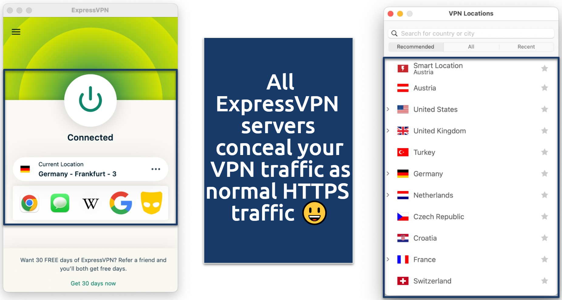 Screenshot of ExpressVPN connected to a Germany - Frankfurt - 3 server
