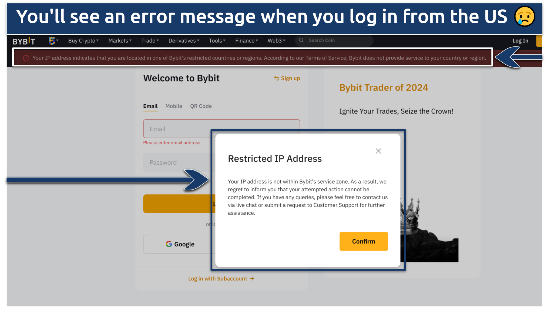 Screenshot of Bybit error code when logging in from a restricted region