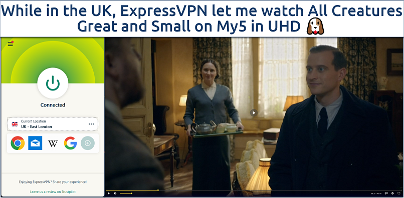 A screenshot of All Creatures Great and Small streaming on My5 with ExpressVPN connected