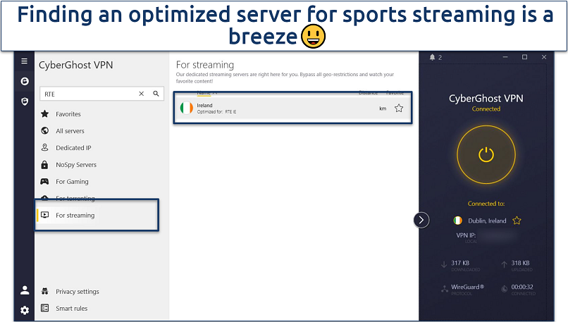 A screenshot showing CyberGhost’s intuitive user interface