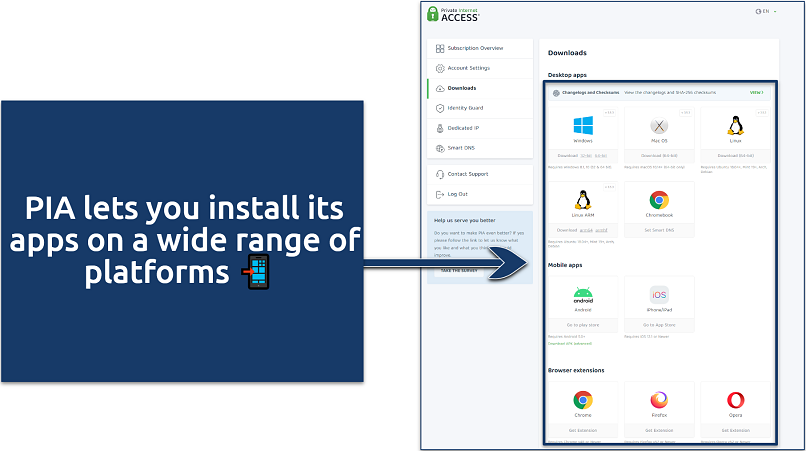 A screenshot showing a list of devices PIA supports