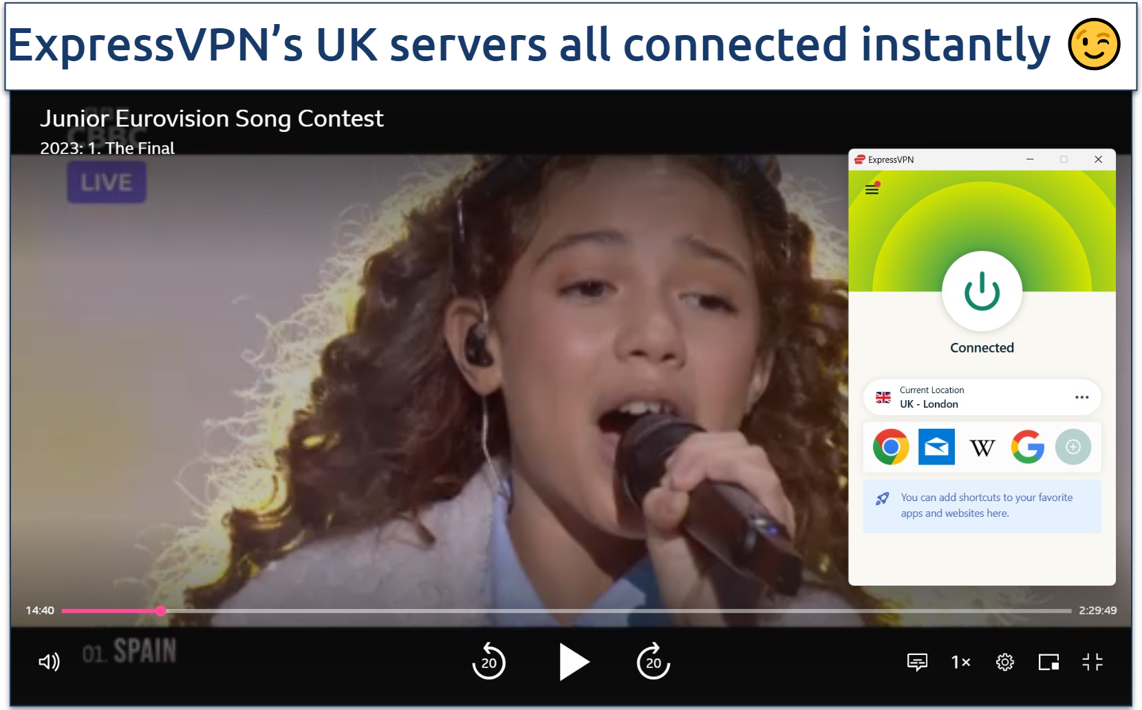 A screenshot of streaming Eurovision on BBC iPlayer while connected to ExpressVPN's London server.