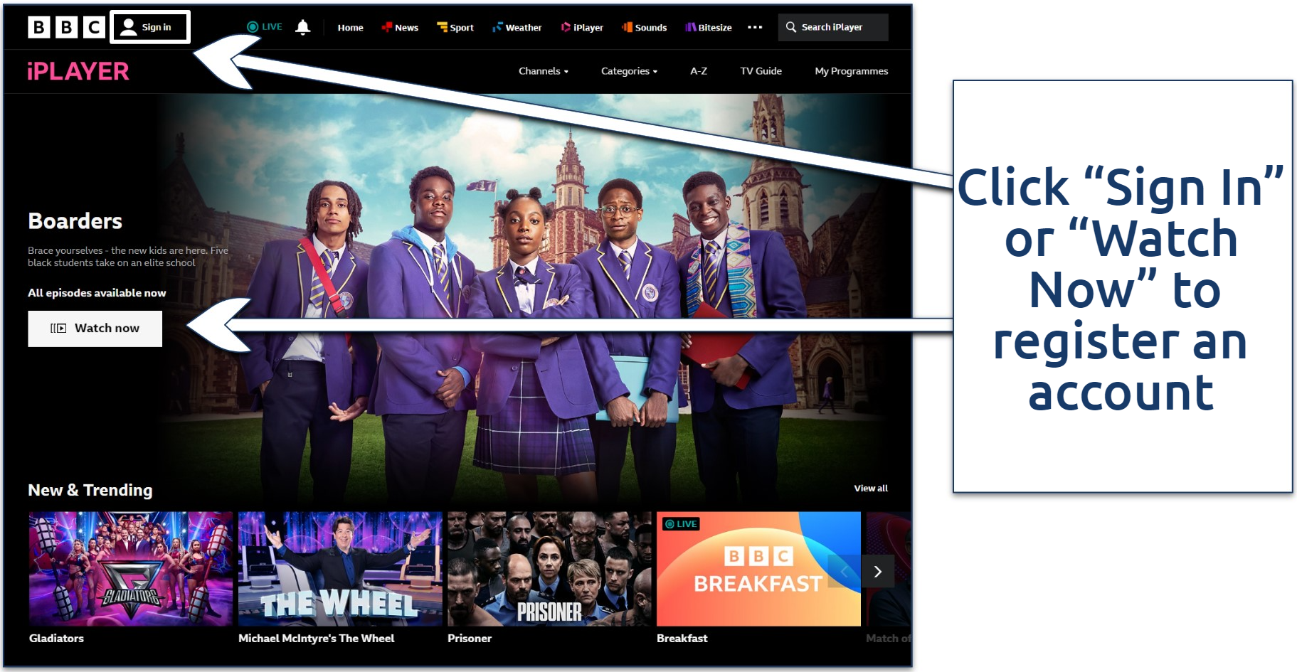 A screenshot of the BBC iPlayer homepage with the options to sign in highlighted.