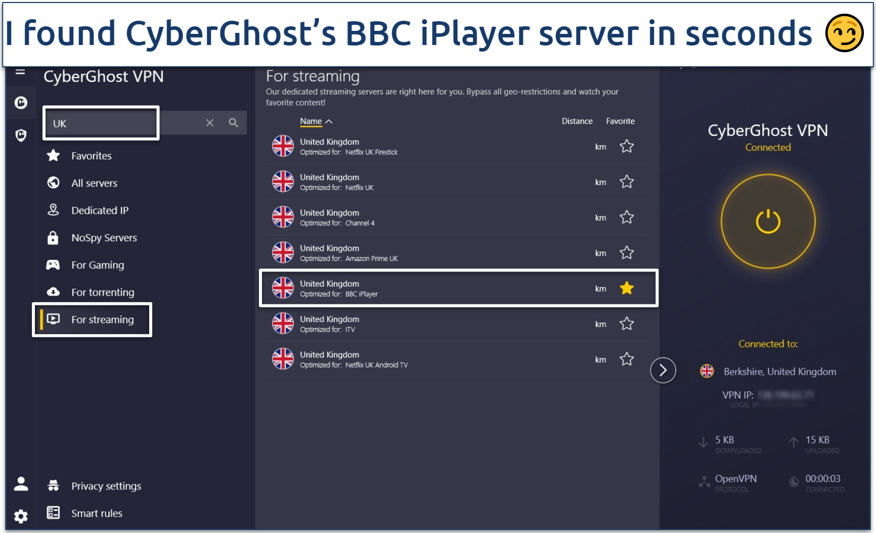 A screenshot of CyberGhost's app interface with its UK streaming servers.