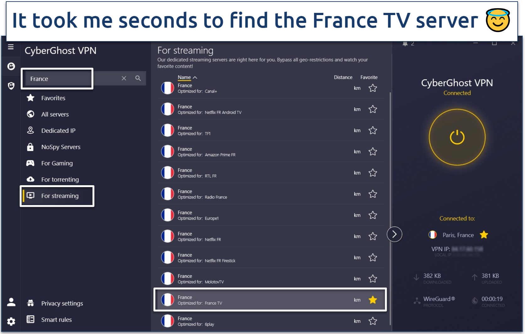 A screenshot of CyberGhost's app interface with its French streaming servers.