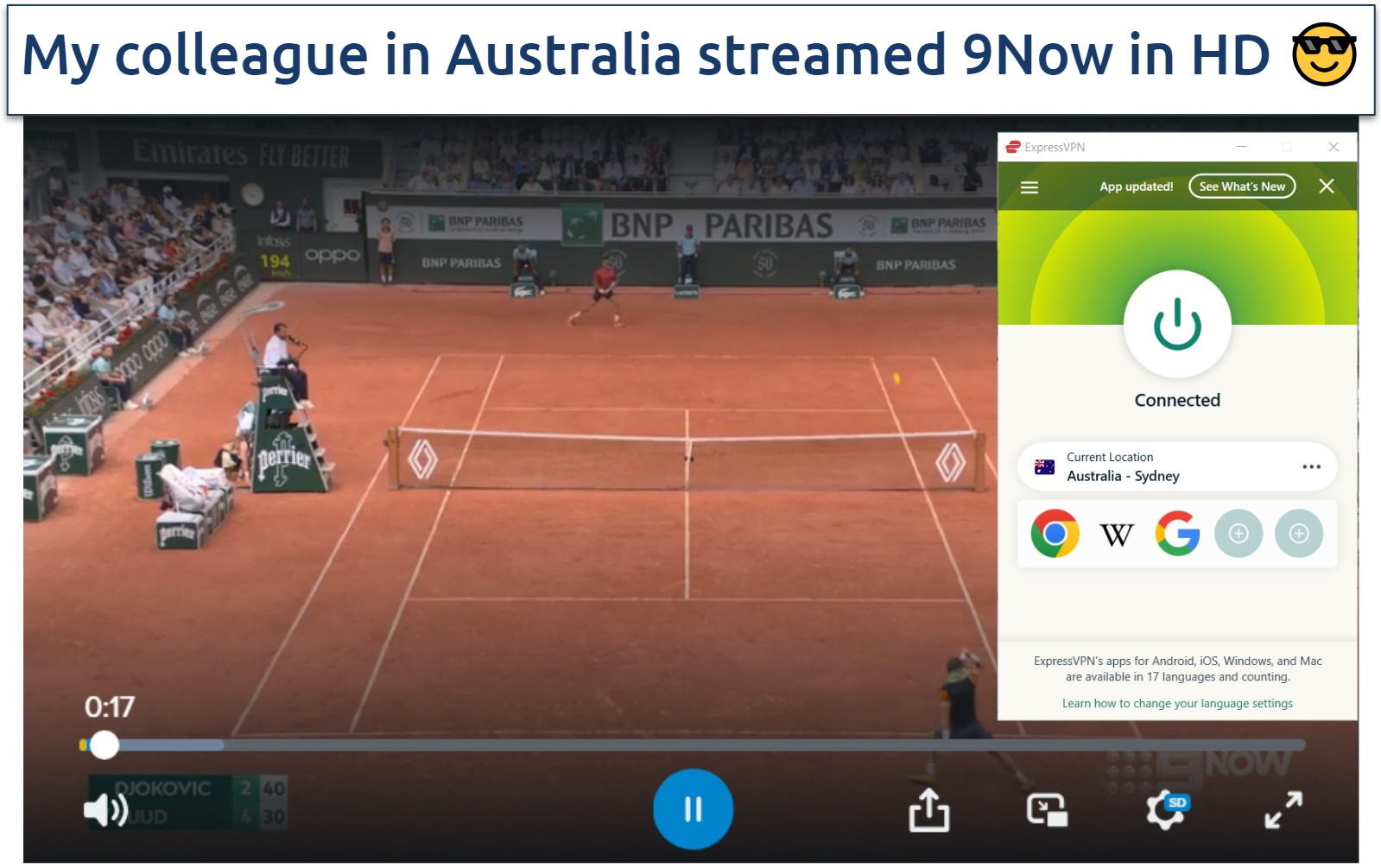 A screenshot of streaming tennis on 9Now using ExpressVPN's Sydney server.