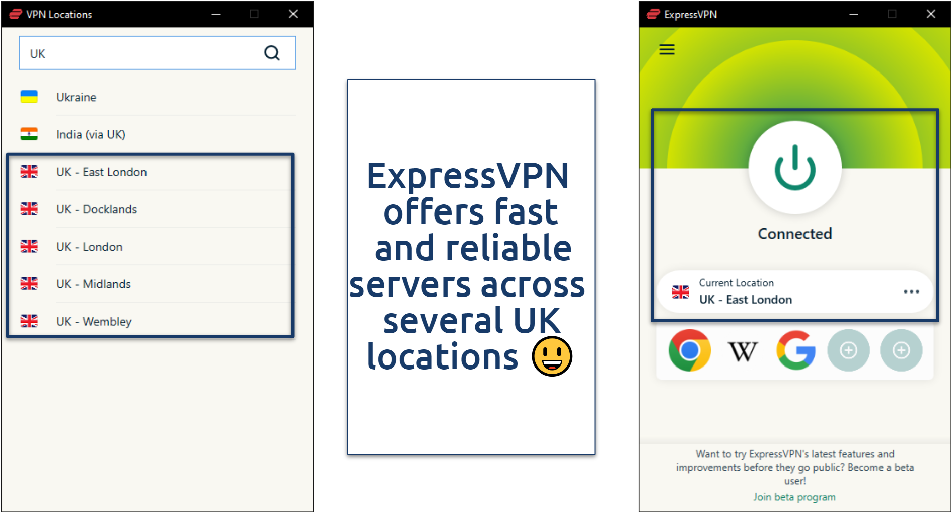 Screenshot of ExpressVPN connected to a UK server