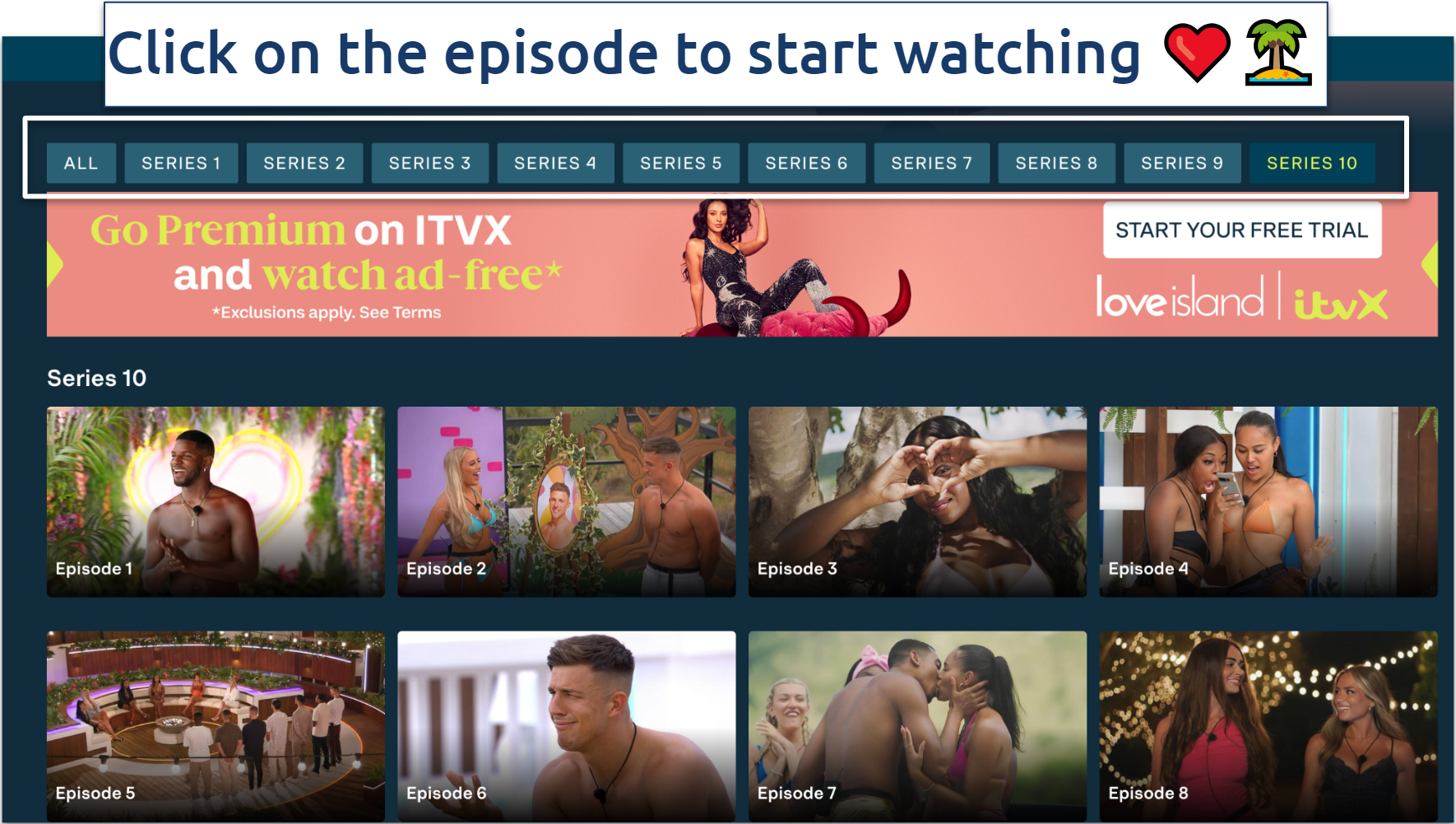Screenshot of the ITVX Love Island selection page