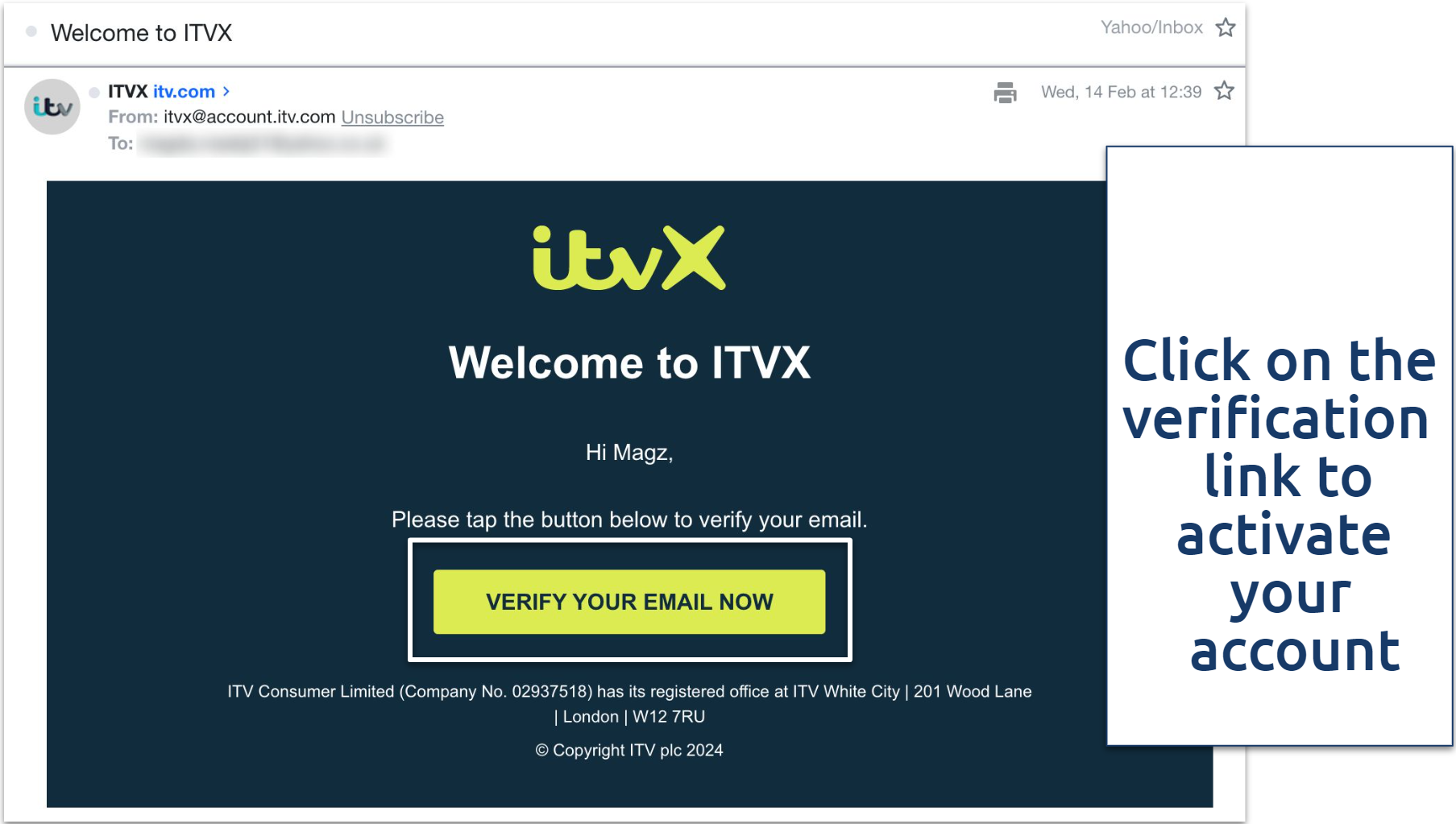 Screenshot of the ITVX verification email