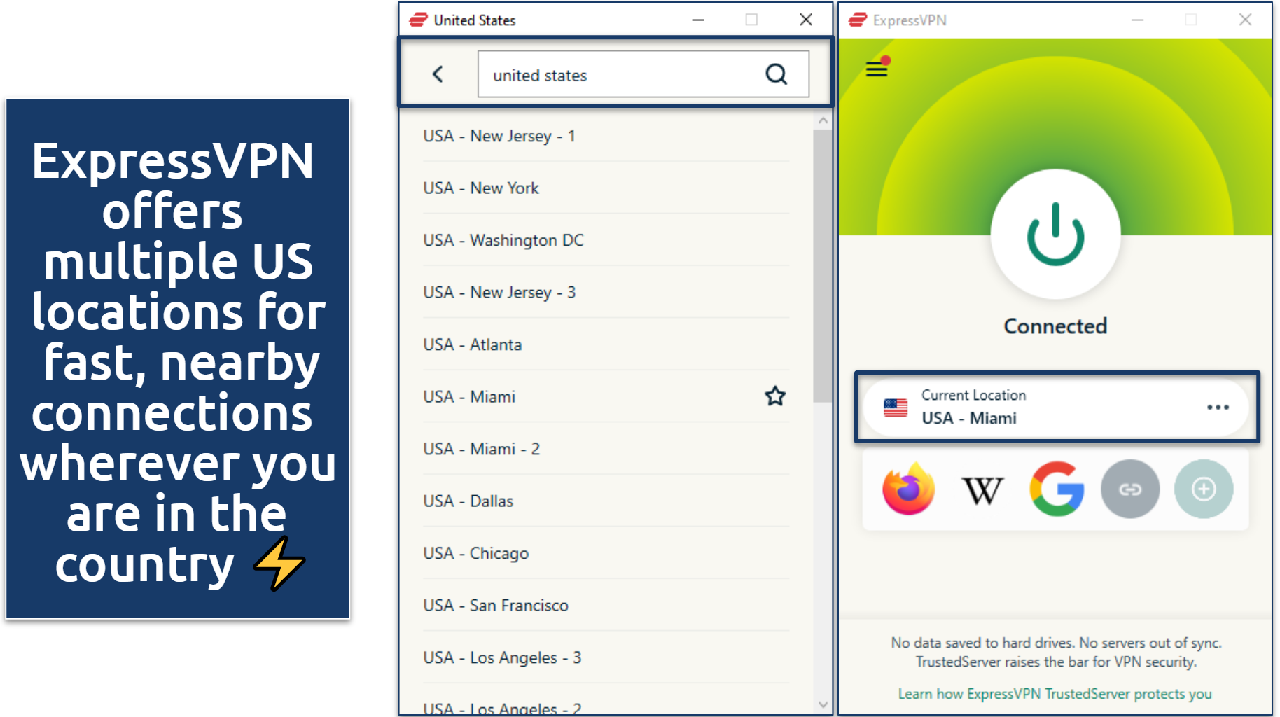 A screenshot showing ExpressVPN connected to a US server and the list of its US locations on the Windows app