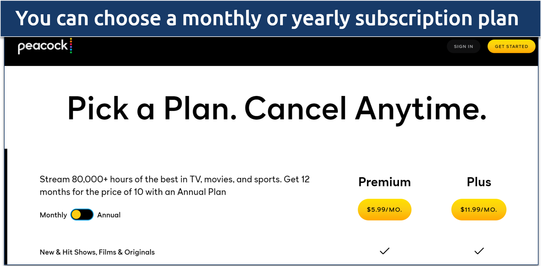 Screenshot of the Peacock TV pricing page showing different plans