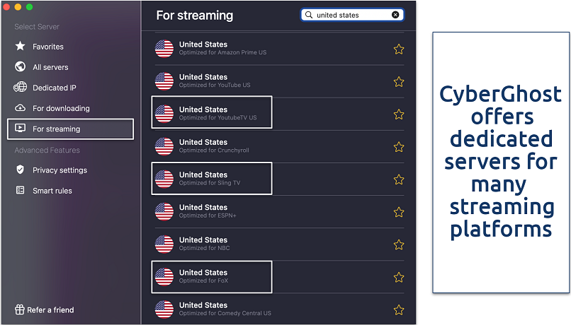 Screenshot showing CyberGhost’s streaming servers list