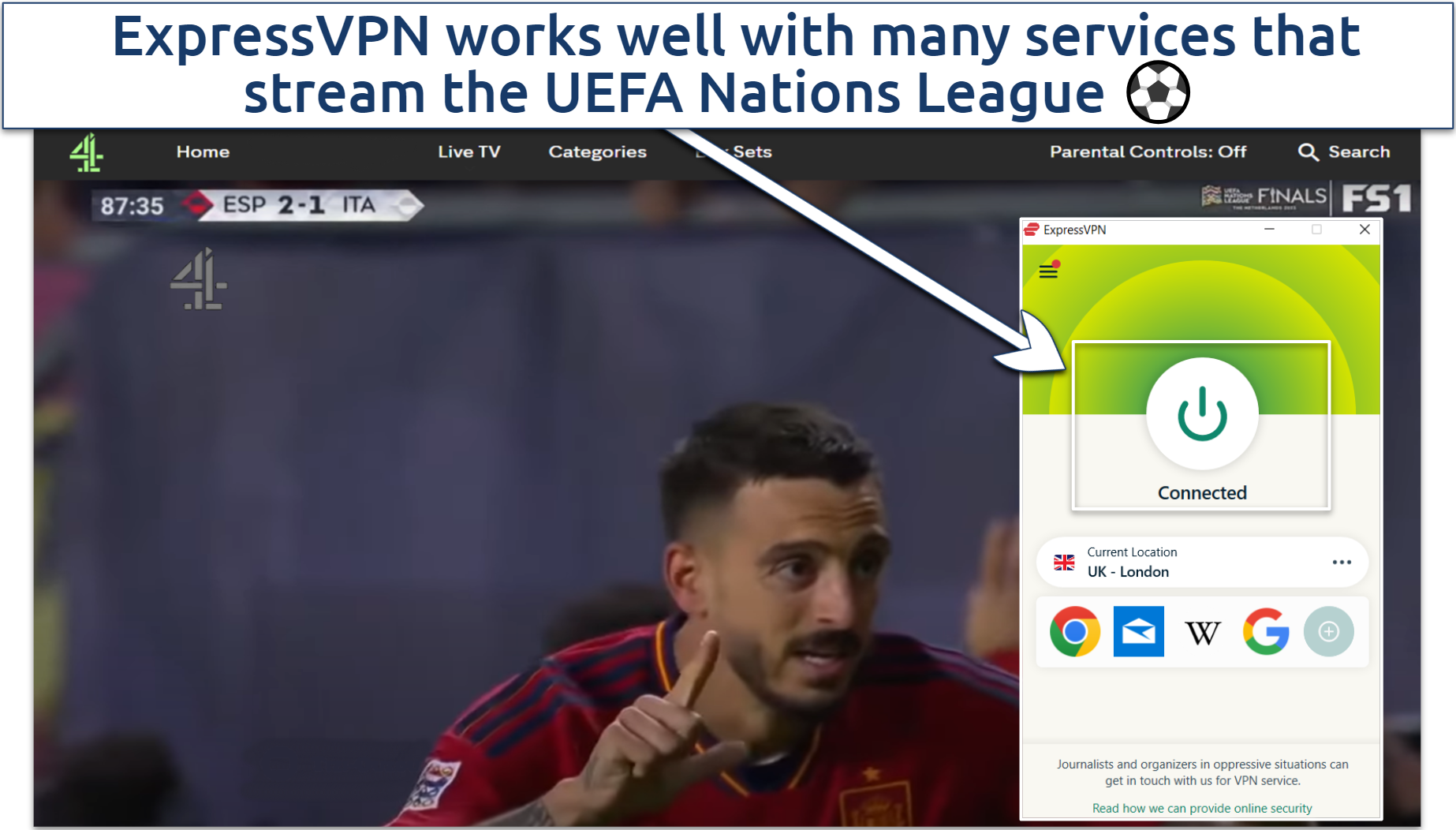 Screenshot of a UEFA Nations League game streaming through Channel 4 with ExpressVPN connected
