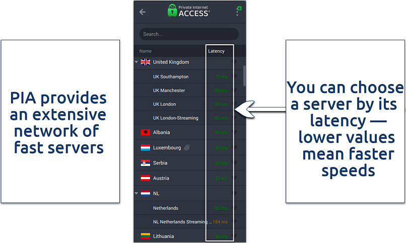 Screenshot of PIA’s server list