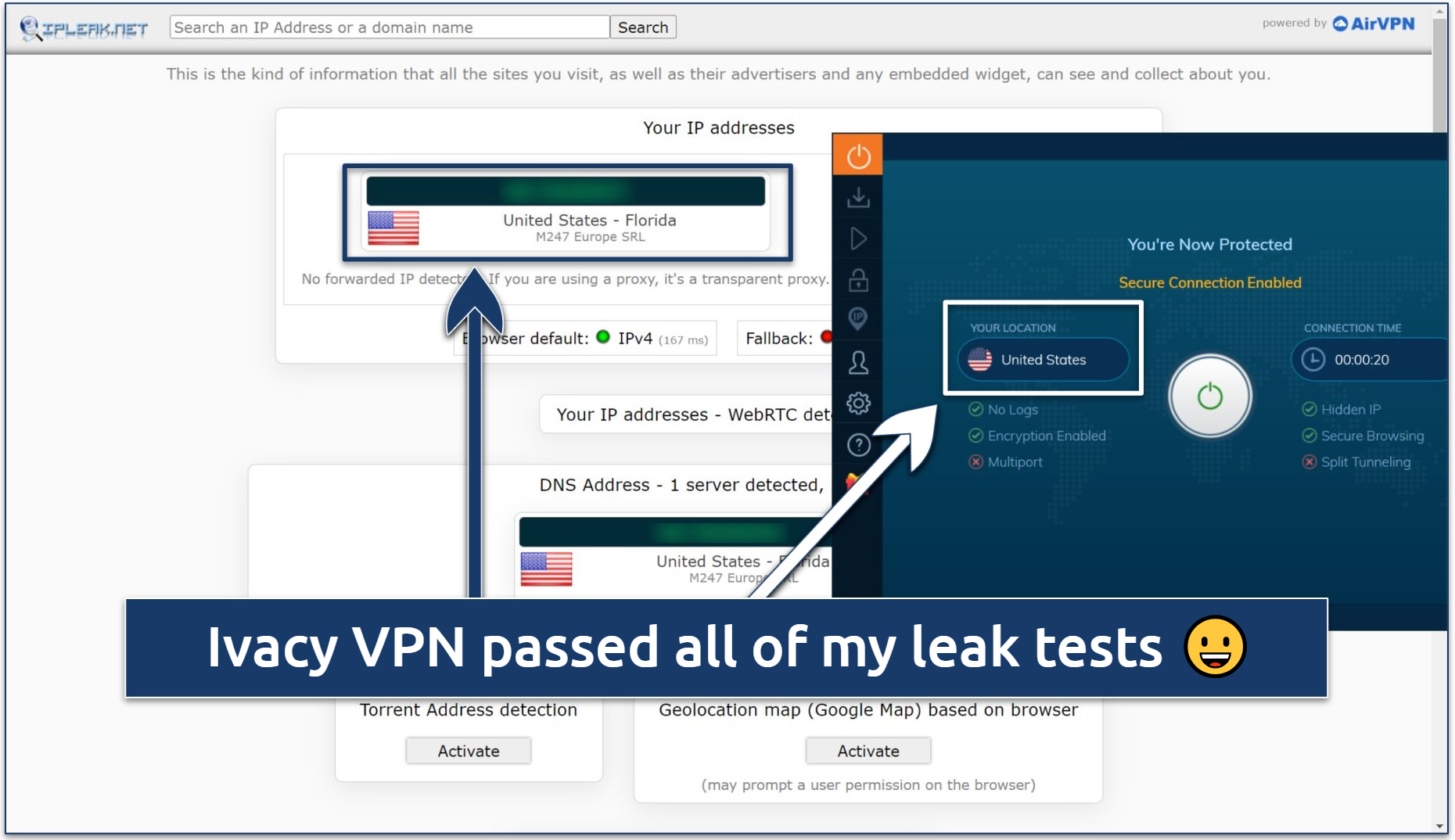 Screenshot of a test done on ipleak.net showing Ivacy VPN successfully hiding my real IP with a Florida one 