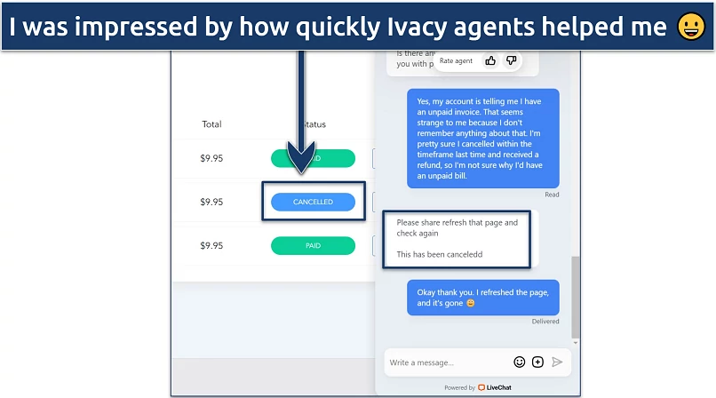 Screenshot of a conversation with Ivacy support staff where they cancelled a mistaken charge on my account