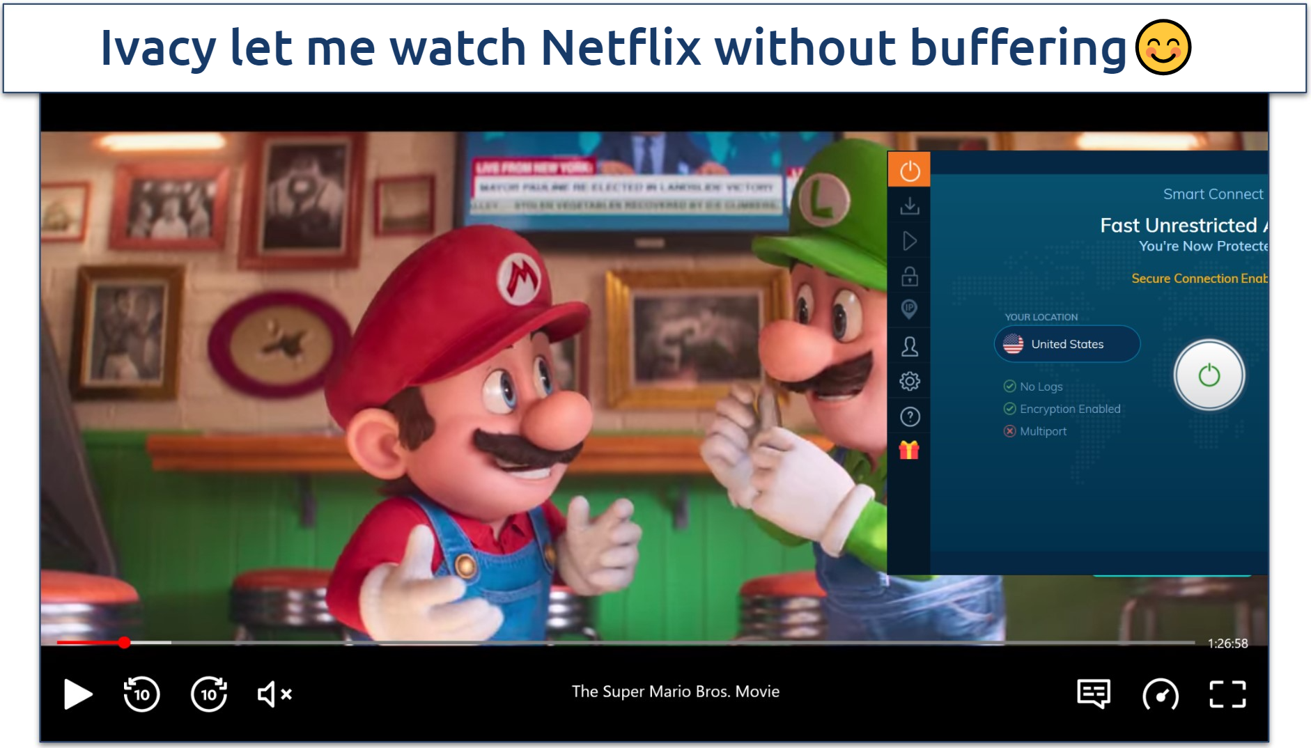 Screenshot of Netflix player streaming The Super Mario Bros. Movie while connected to Ivacy's Netflix-optimized server