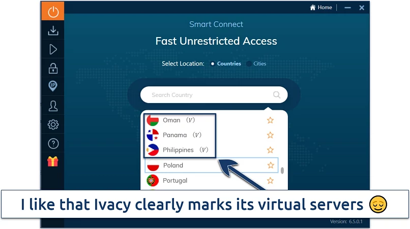 Screenshot of Ivacy's Windows app highlighting the virtual locations in its server list