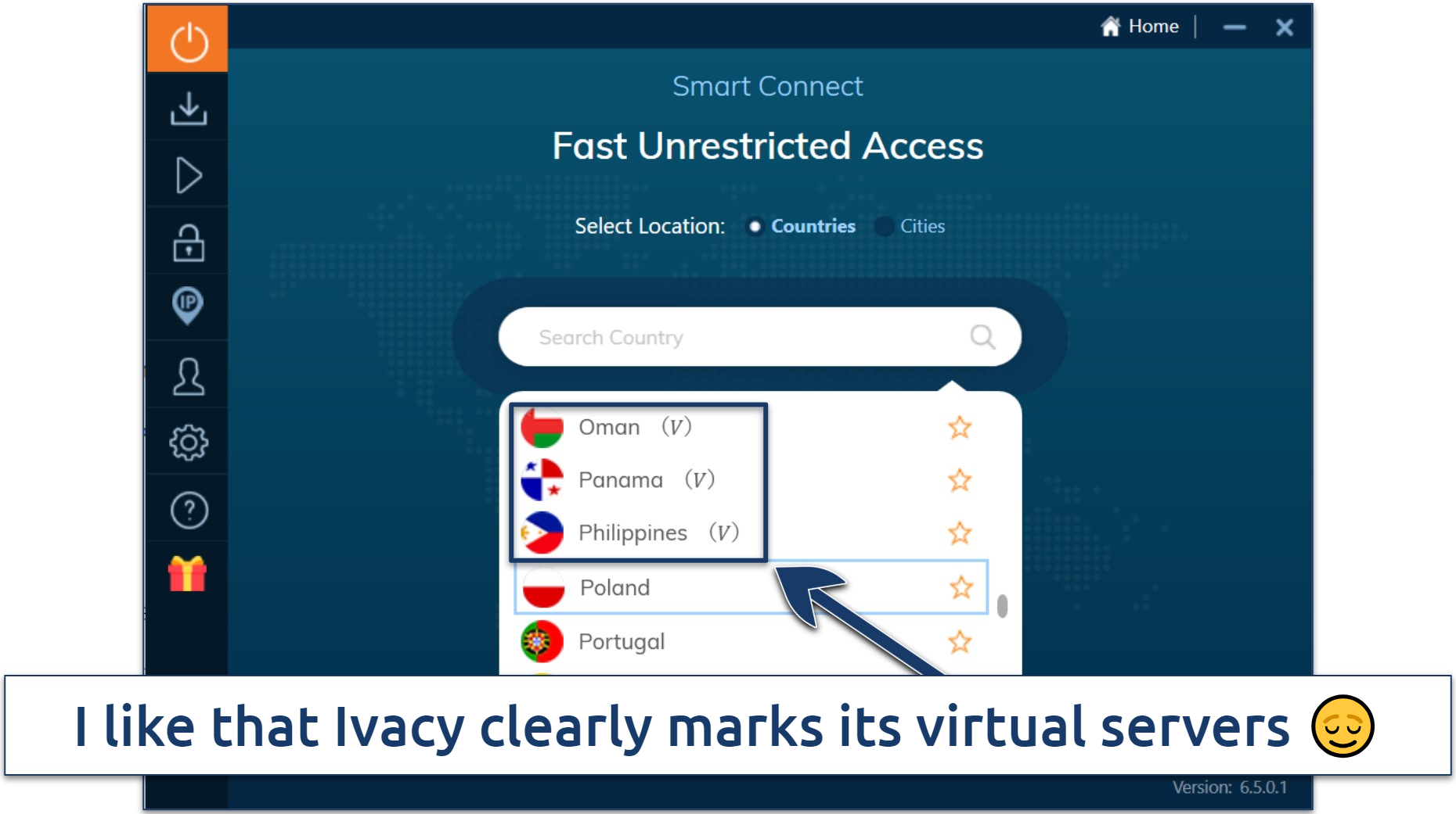 Screenshot of Ivacy's Windows app highlighting the virtual locations in its server list