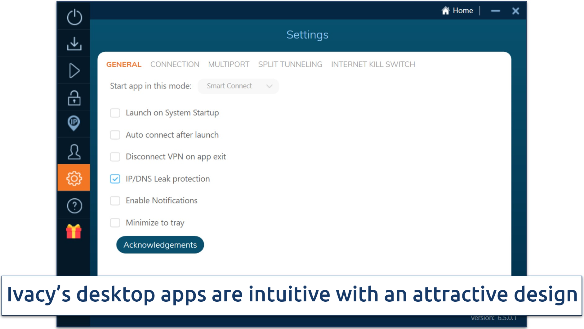 Screenshot of Ivacy's Windows UI highlighting the settings menu