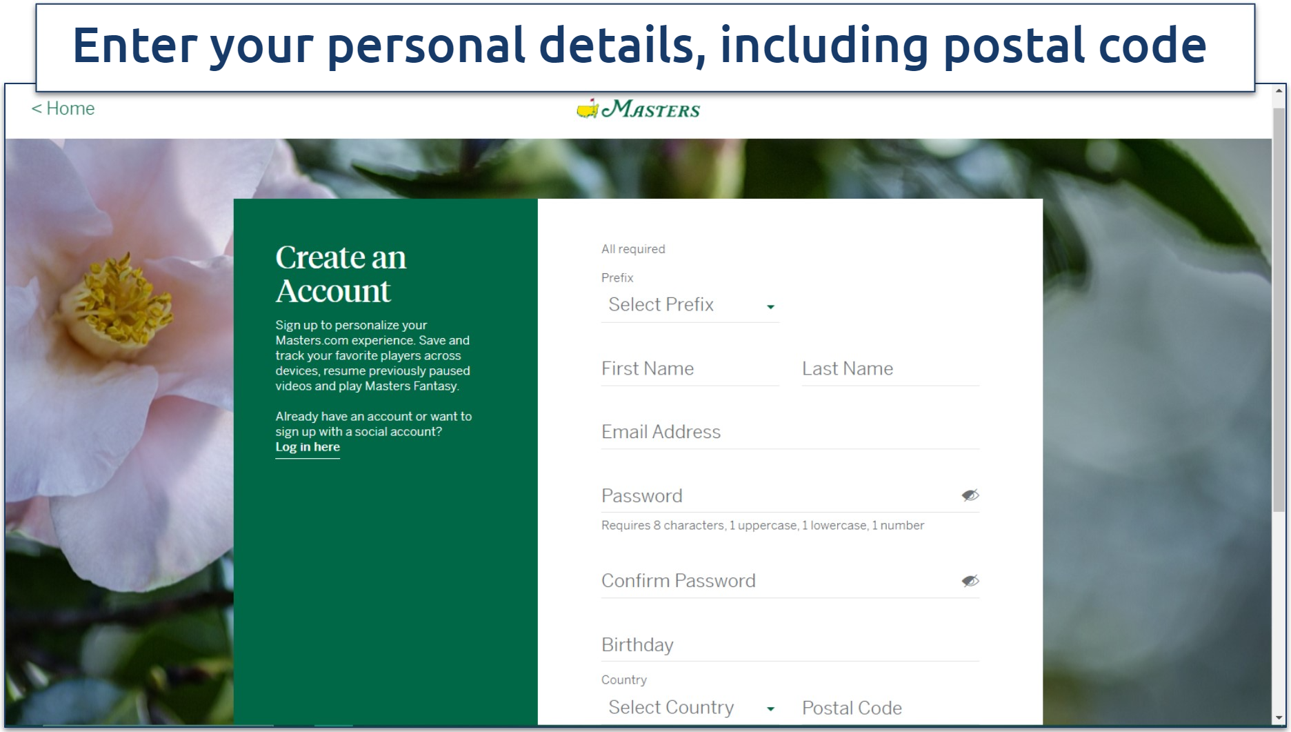 Entering personal details to create an account on the Masters official website