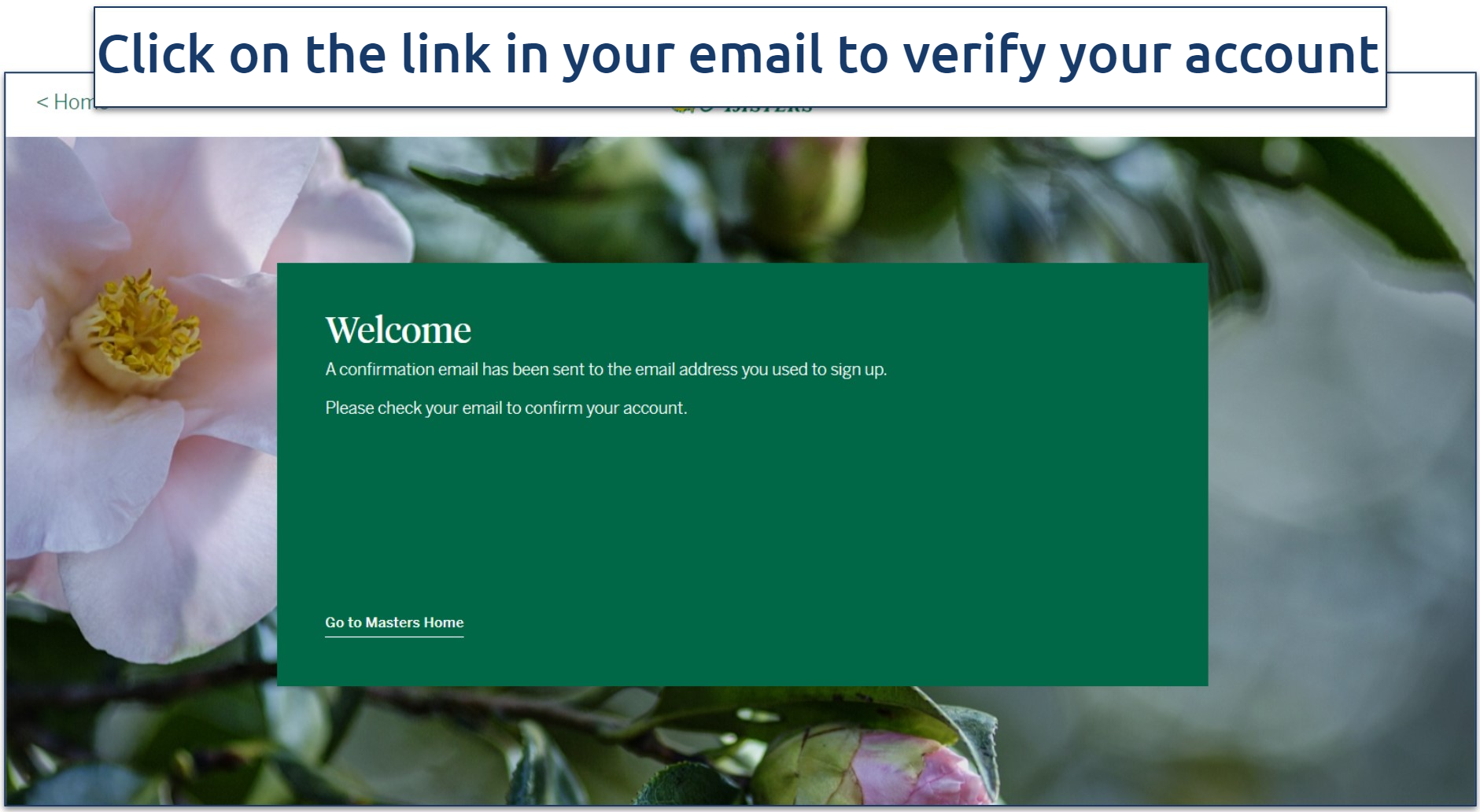 Verifying email address to create an account on the Masters official website