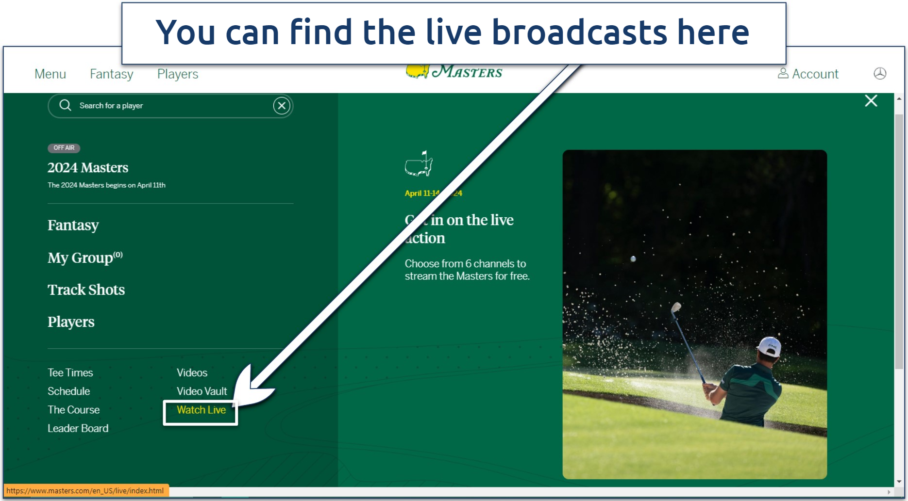 Watching the Masters tournament live via the official Masters website