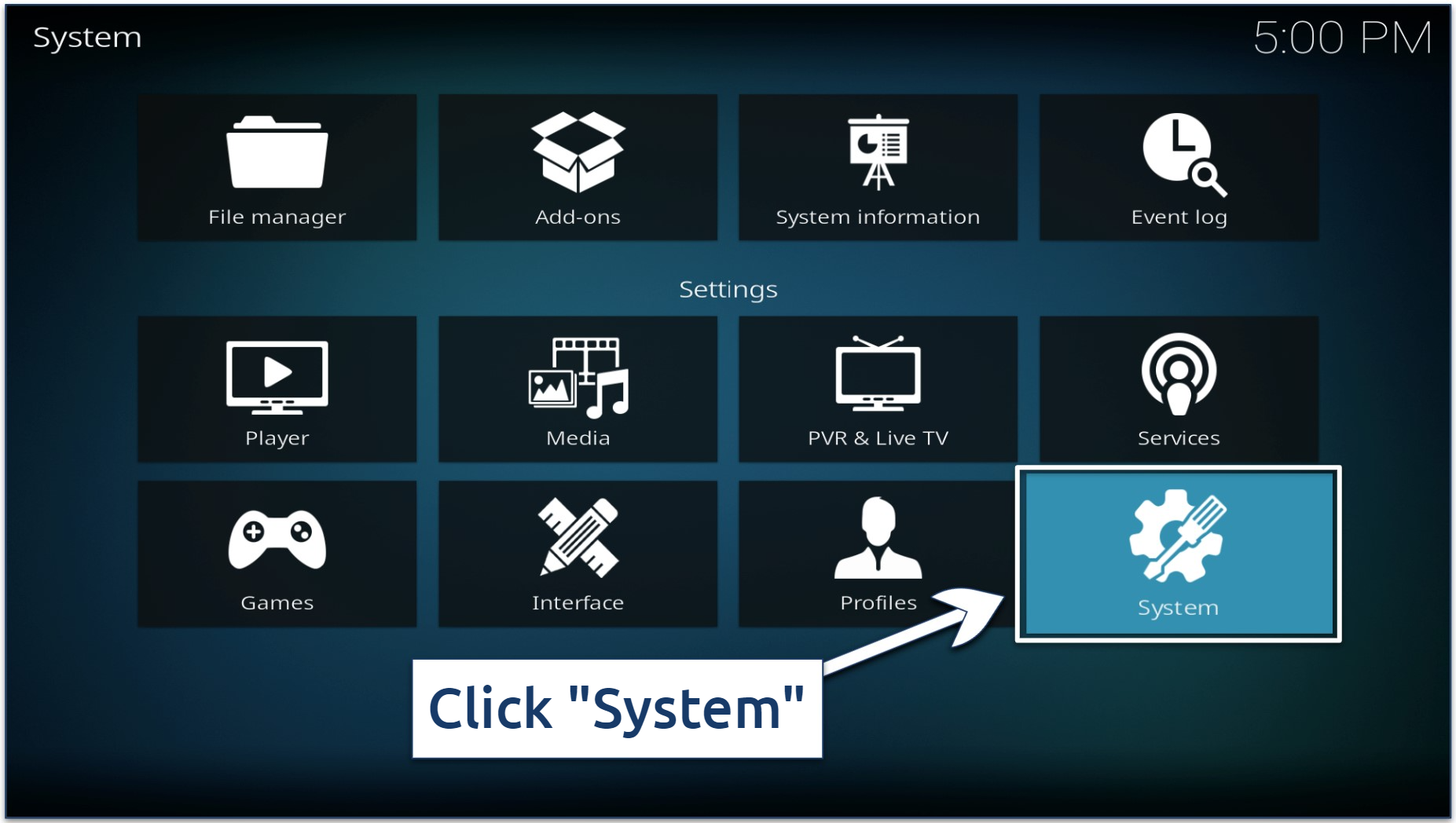 A screenshot showing how to enter Kodi's System settings