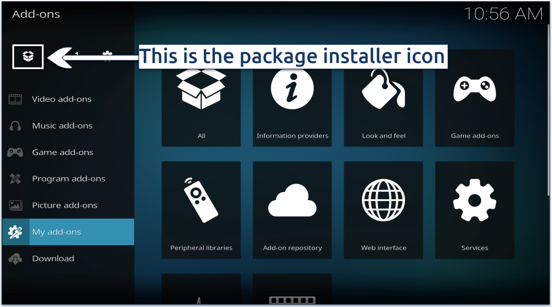 Graphic showing where the package installer is located on Kodi