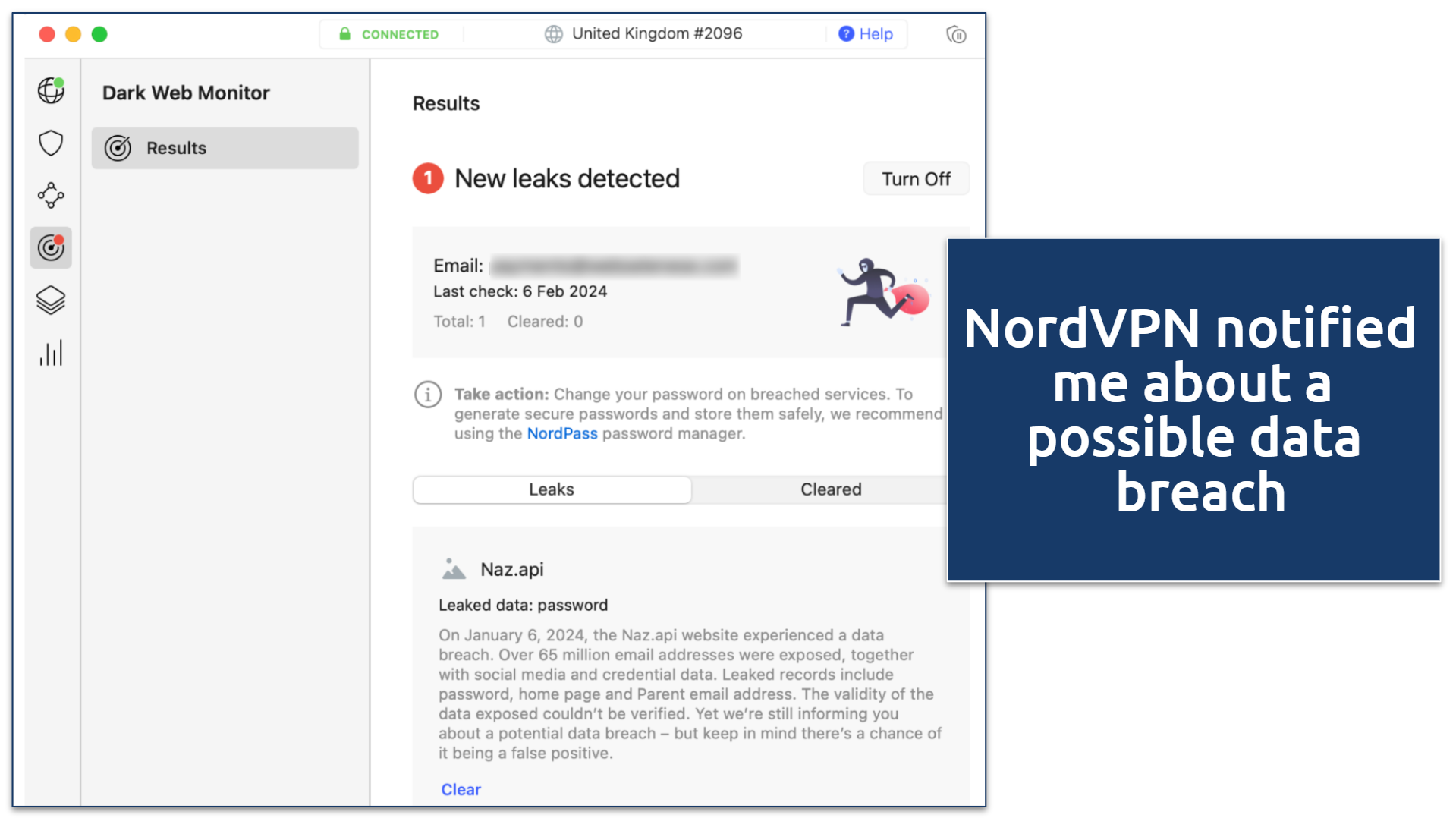 screenshot of the Dark Web Monitor leaks detector in the NordVPN app